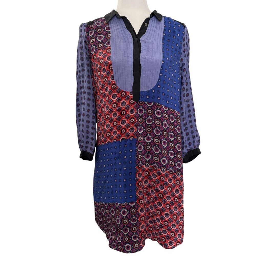 Anthropologie 100% Silk Moulinette Souers Patchwork Shirt Dress S Boho 70s Mod - Picture 3 of 8
